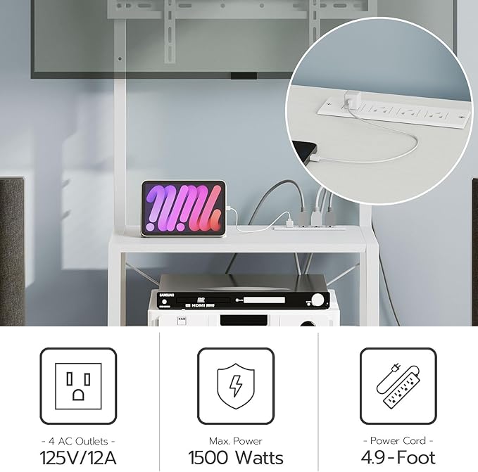 HOOBRO Rolling TV Stand with Mount and Power Outlet Up to 55 inch TV, Corner Entertainment Center, Small TV Stand with 3-Tier Storage Shelves for Living Room, Bedroom, White WW66UDS01