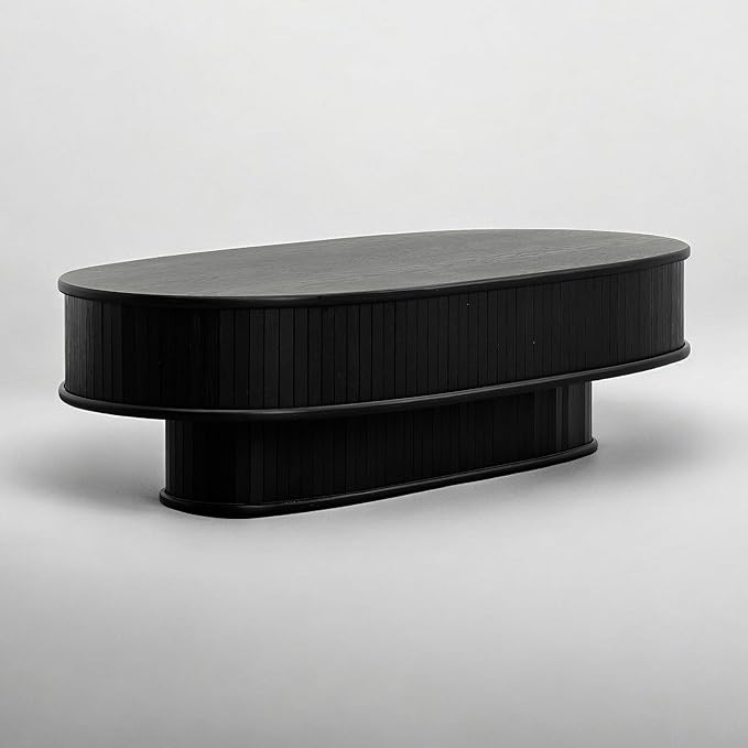 NTC Stream DOU Coffee Table, Modern Double-Layer Oval Wooden Center Table with Vertical Groove Design, Stylish Living Room Decor, Contemporary Minimalist Style, Easy Assembly - Burnt Black