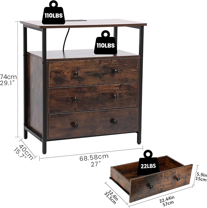 3 Wooden Drawers Nightstand, 27 Inch Wide Night Stand Set 2 with Charging Station and Adjustable Drawers, Bedside Table for Living Room/Bedroom/Office, Retro Brown.