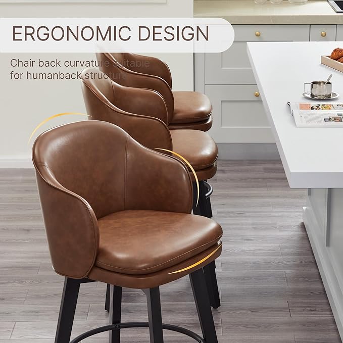 Counter Height Barstools 26 inch Upholstered Swivel Bar Stools with Back and Wood Legs for Kitchen Island,Set of 4,Brown PU Leather