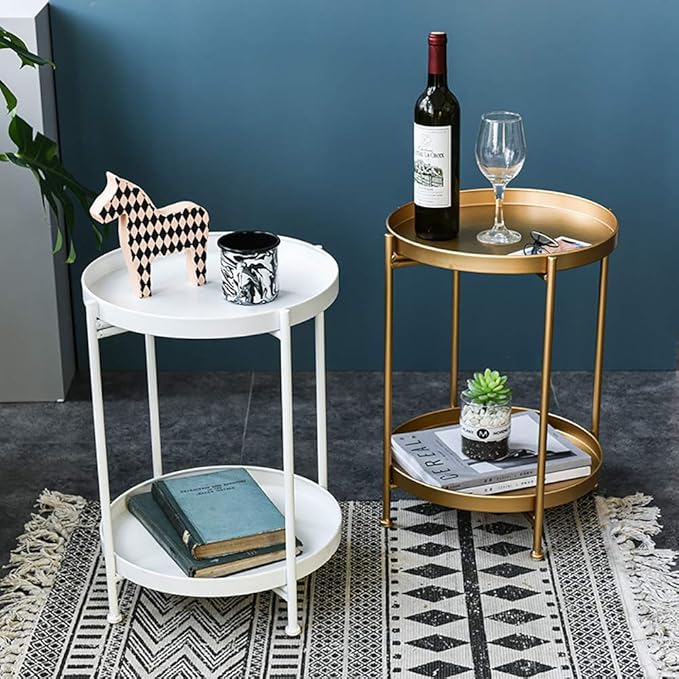 Tiita Round End Table Mental 2-Tier Side Table Nightstand/Small Iron Tables Accent Coffee Table for Living Room Bedroom Office Small Space