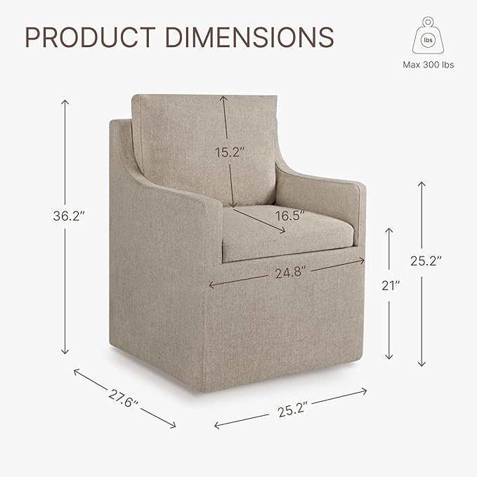 Upholstered Dining Chairs with Casters Easy Assembly Side Deskchair with Rollers for Diningroom, Living Room, Khaki, 1 Box