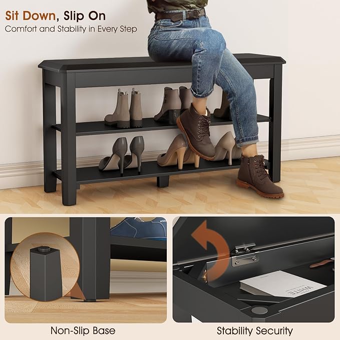 Shoe Rack Bench Seat Rubberwood 2-Tier Wooden Storage Bench 550lbs Compact Mid-Century Modern Design for Entryway, Hallway, Closet, Front Door Entrance, Foyer