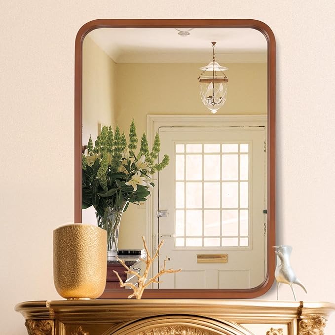 WallBeyond 24x36 Inch Wood Mirror for Bathroom, Wooden Frame Wall Mirror Farmhouse Wall Mounted Rectangle Mirror for Vanity (Horizontal/Vertical Walnut Color)