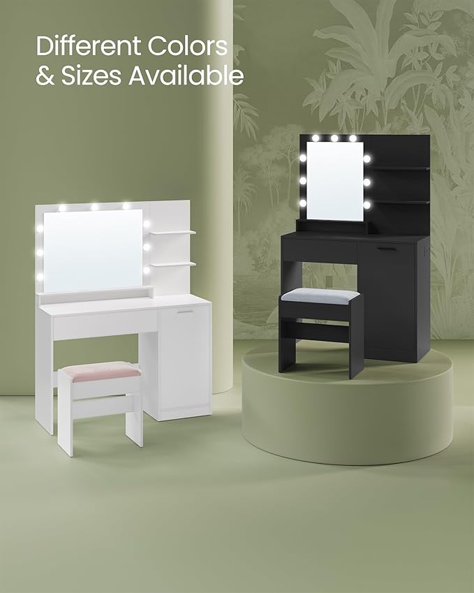 VASAGLE Vanity Desk with Mirror and Lights, 35.4-Inch Wide Makeup Vanity with Upholstered Vanity Stool, Power Outlets, Dimmable LED Lights, Storage Drawer, for Bedroom, Ink Black URDT128B01