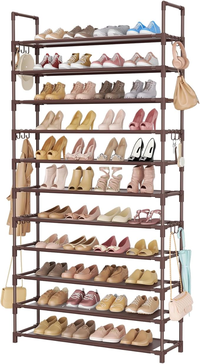 11 Tiers Tall Shoe Rack Holds 55 Pairs of Shoes with 18pcs Hooks Sturdy Wide Shoe Organizer Storage Free Standing Metal Shoe Shelf for Closet, Entryway Brown
