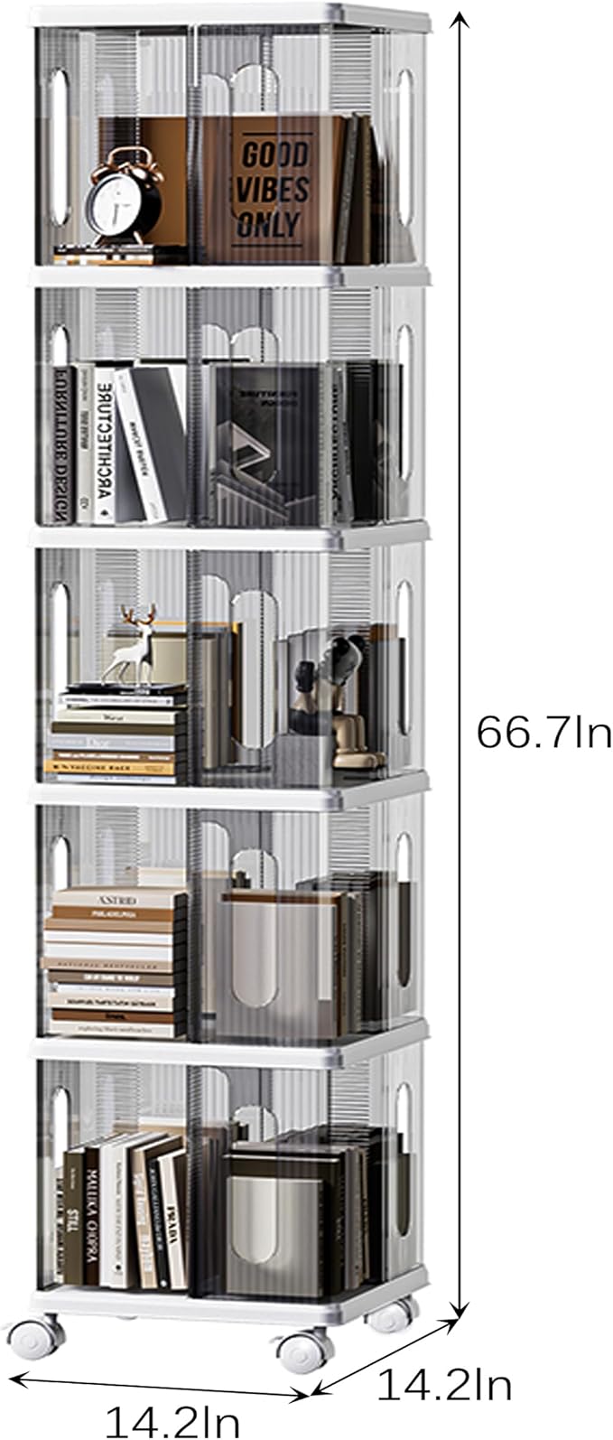 Rotating Bookshelf Tower, 360-Degree rotating bookshelves, Small Space Spinning Bookshelf with Wheels, Revolving Bookcase Suitable for Bedrooms, Living Rooms, Studies and Offices (Grey,5Tier)