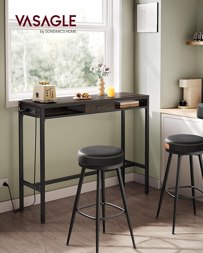 VASAGLE Bar Table with Power Outlets, 47.2 Inches Long Bar Height Pub Table, Rectangular High Top, with Movable Drawer, 2 Hooks, Narrow Storage for Kitchen, Dining, Entryway, Ash Brown