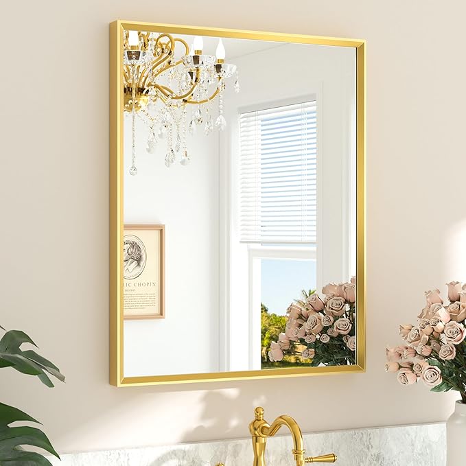 TETOTE Brushed Gold Bathroom Mirror 24" x 30" Brushed Gold Brass Rectangle Beveled Framed Bathroom Vanity Mirror for Over Sink, Tempered Glass, Modern Farmhouse Bedroom, Entryway, Living Room
