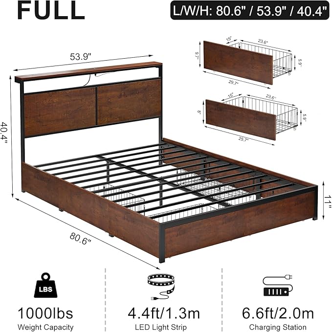 Full Bed Frame with Storage Headboard and 4 Drawers Bed Frame Full Size with Charging Station LED Lights Metal Platform Non-Slip Without Noise No Box Spring Needed