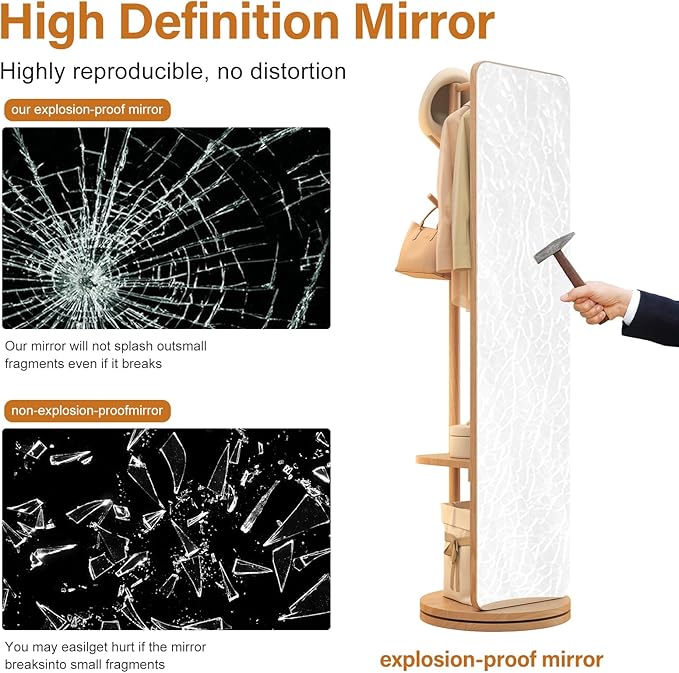 70"x16"Full Length Mirror with Stand,Coat Rack with Mirror,Solid Wood Floor Mirror,Swivel Mirrorfor Bedroom, Living Room, Cloakroom