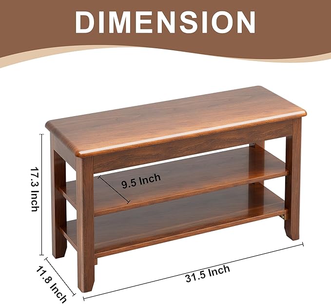 Shoe Storage Bench for Entryway - 3 Tier Shoe Rack for Front Door Entrance, Rubberwood Shoes Rack Height Adjustable, Entryway Bench with Shoes Storage for Any Room (Walnut, 31.5" W)