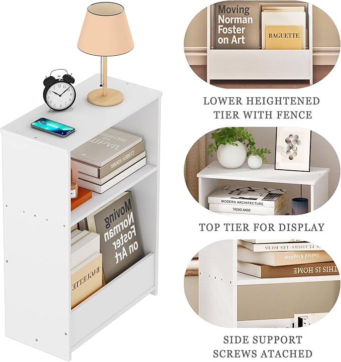 3-Tier Narrow End Table, Small Stand Shelf Narrow White Side Table with Storage Shelf, Small Bookshelf Bedside Table for Bedroom, Living Room, Office, Bathroom