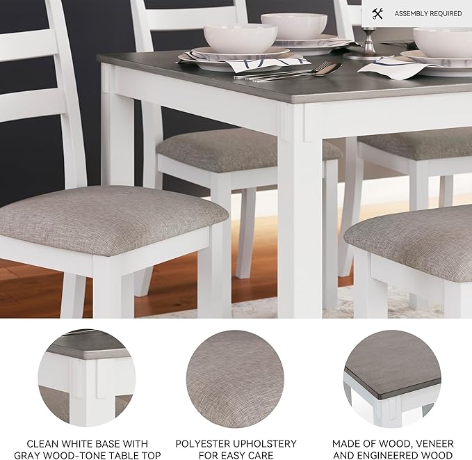 Signature Design by Ashley Stonehollow Modern Farmhouse Dining Table with Upholstered Chairs and Bench, Set of 6, White & Gray