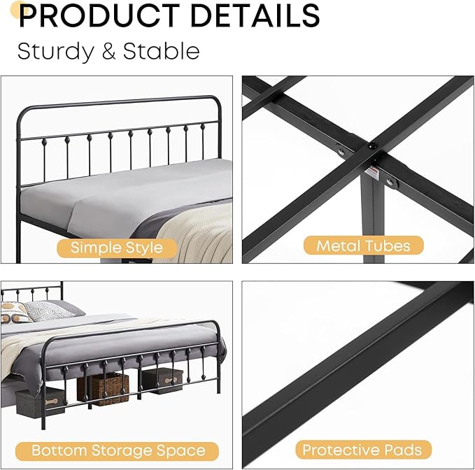 Full Size Bed Frame-Classic Metal Platform Bed Frame Mattress Foundation with Victorian Style Iron-Art Headboard/Footboard/Storage Space/No Box Spring Needed/Black