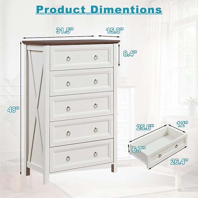 31.3" Farmhouse Sideboard Buffet Cabinet with Storage, Kitchen Buffet Storage Cabinet with 5 Drawers, Modern Wood Accent Sideboard for Living Room, Kitchen, Hallway(Ivory White)