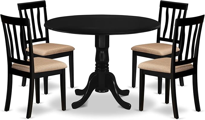 East West Furniture DLAN5-BLK-C 5 Piece Dining Room Table Set Includes a Round Kitchen Table with Dropleaf and 4 Linen Fabric Upholstered Dining Chairs, 42x42 Inch, Black