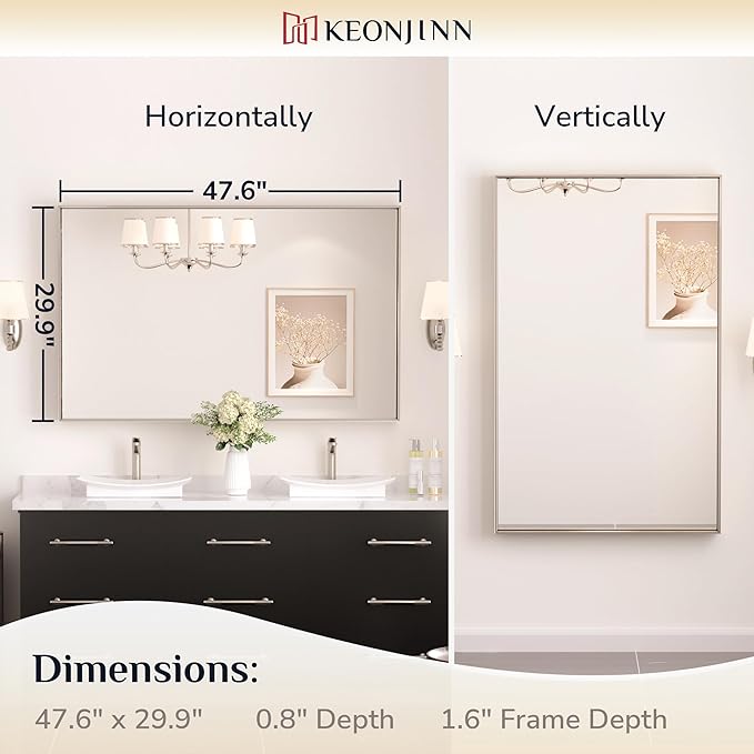 Keonjinn 48 x 30 in Brushed Nickel Bathroom Vanity Mirror, Rectangular Silver Metal Framed Wall-Mounted Mirror Square Corner Modern Farmhouse Rectangle Mirror for Over Sink(Horizontal/Vertical)