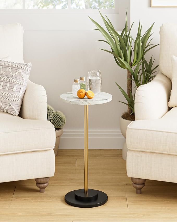 Round Side Table, Small Drink Table for Small Spaces, Modern Accent End Table Coffee Table with Metal Leg for Living Room, Bedroom, Corners, and Office (Marble)
