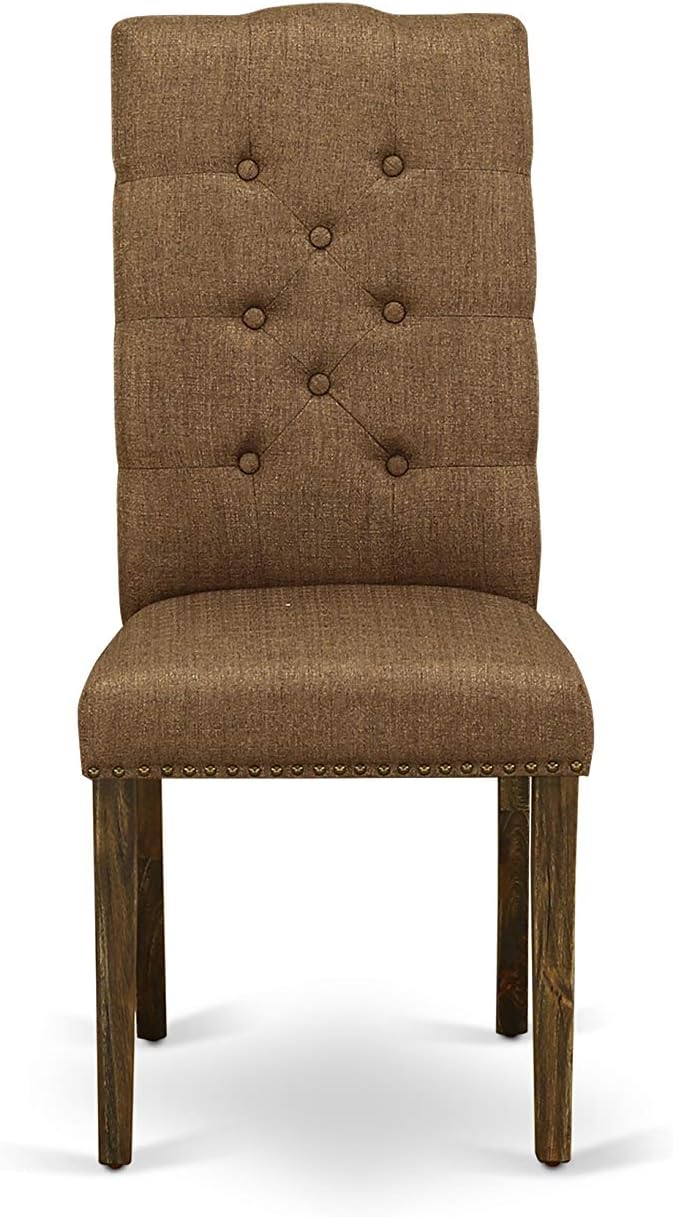East West Furniture ELP7T18 Elsa Parson Chairs - Button Tufted Nailhead Trim Brown Linen Linen Fabric Padded Dining Chairs, Set of 2, Jacobean