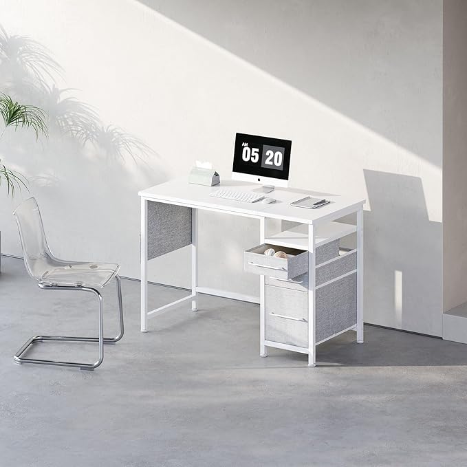Ｍａｉｈａｉｌ Maihail Small Desk with Drawers, 40 inch Computer Desk with Shelves, Writing Desk with Storage, Small Office Desk with Metal Frame, White