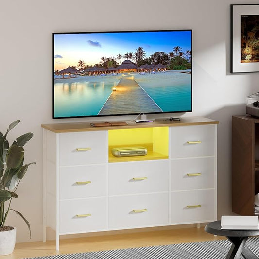 White Dresser with LED Lights and Power Outlets, Dresser TV Stand with 8 Drawers for 55" TV, Fabric Chest of Drawers for Bedroom, Living Room, Entryway