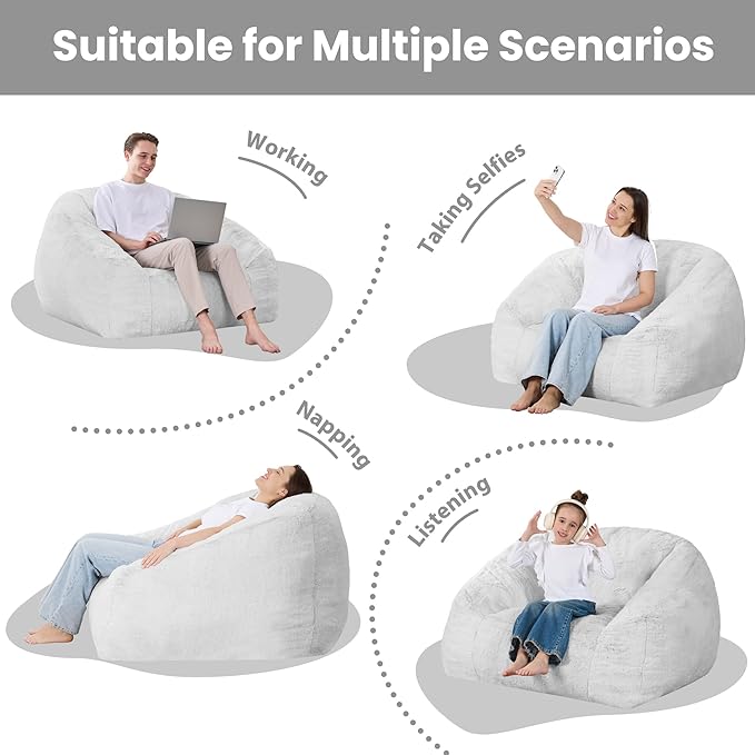 Bean Bag Chairs for Adults, Giant Beanbag Sofa Comfy Reading Chair, Oversized Bean Bag Chairs for Living Room Bedroom, Soft Faux Fur Fabric, 3.2FT, Light Grey, Plush