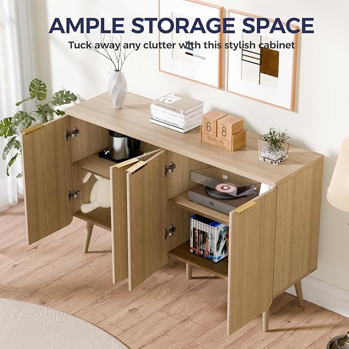 47.2" Buffet Cabinet with 4 Doors, Accent Sideboard Cabinet with Adjustable Shelf, Dining Room Sideboard with Waveform Panel, Credenzas for Living Room, Hallway, Natual Oak