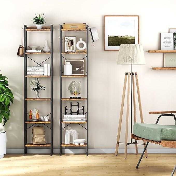 5 Tier Bookshelf, Bookcase with 5 Shelves, Storage Rack Organizer, Corner Wood Storage Shelf with Metal Frame for Bedroom, Living Room (Rustic Brown)