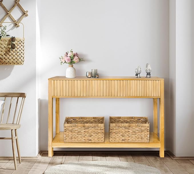 Long Console Table with Storage, Fluted Entryway Slim Sofa Tables Behind Couch Entryway Table, Modern Narrow Wood Hallway Foyer Entrance Couch Tables for Living Room