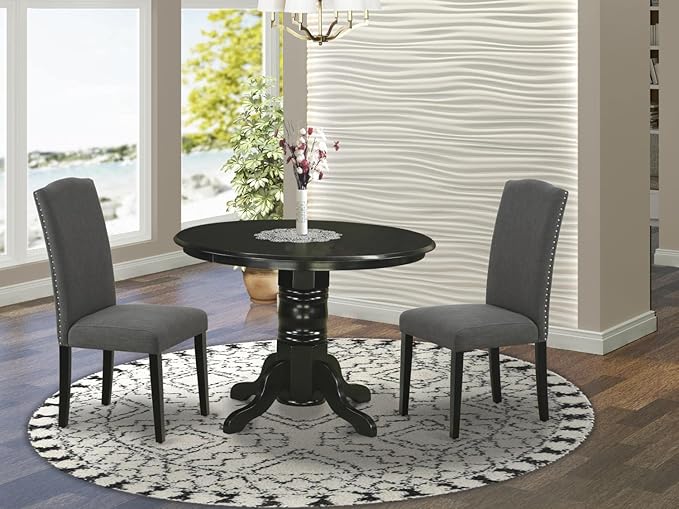 East West Furniture SHEN3-BLK-20 3 Piece Dining Room Set Contains a Round Kitchen Dining Table with Pedestal and 2 Dark Gotham Linen Fabric Upholstered Chairs, 42x42 Inch, Black