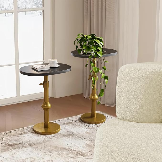 Marble Drink Table, 10"x12"x(22“~30") Martini Table with Metal Antique Brass Adjustable Stand Base, Drink Tables for Small Spaces, Living Room, Bedroom, Or Office (Black)