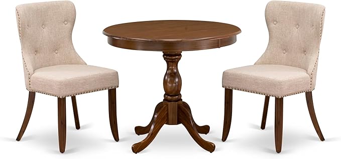 East West Furniture AMSI3-AWA-04 3 Piece Dining Set for Small Spaces Contains a Round Kitchen Table with Pedestal and 2 Light Tan Linen Fabric Parson Chairs, 36x36 Inch, Walnut