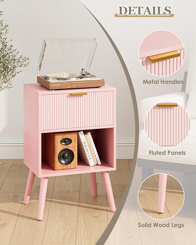 Nightstand, Small Side Table, Bedside Table with Drawer, Modern Night Stand, End Table for Bedroom, Living Room (Pink Stripe)