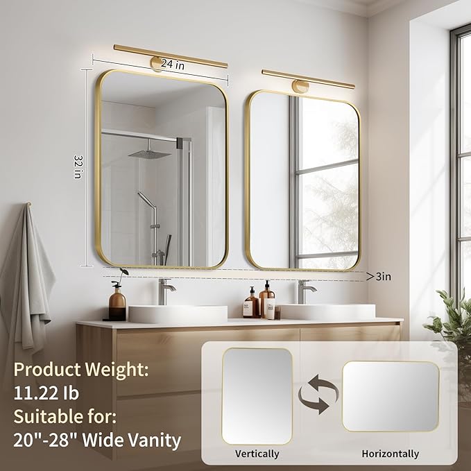 Gold Bathroom Mirror, 24x32 Inch Aluminum Frame Rectangle Mirror, Anti-Rust, Tempered Glass, Wall Mirror for Over Sink, Vanity, Bedroom, Entryway, Horizontal/Vertical