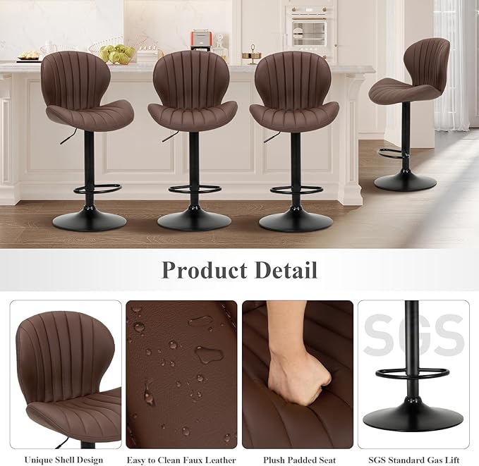 COLAMY Bar Stools Set of 6, Modern Swivel Bar Chairs, Adjustable Faux Leather Upholstered Barstools Counter Height with High Backrest for Bar, Kitchen Island, Dining Room, Brown