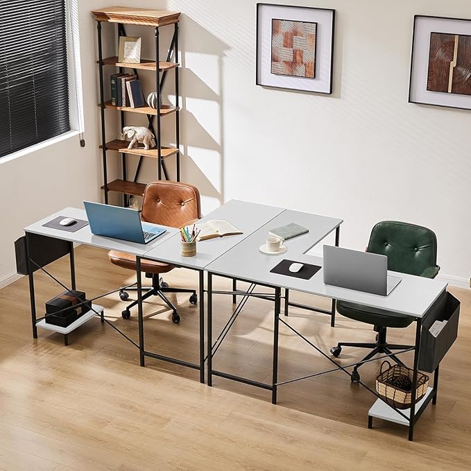 Whitmor L Shaped Gaming Desk - 50 Inch Reversible Corner Computer Desk with Wood Top, Metal Frame, CPU Stand & Side Bag, Home Office Dorm Sturdy Writing Workstation, White