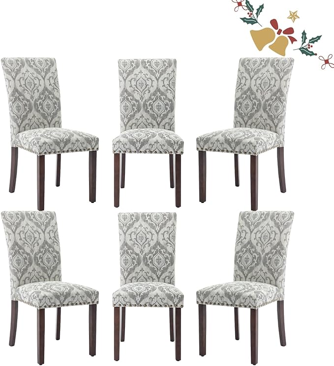 Parsons Dining Chairs Set of 6, Upholstered Nailhead Dining Room Kitchen Side Chair with Thick Cushions and Wood Legs, White/Grey