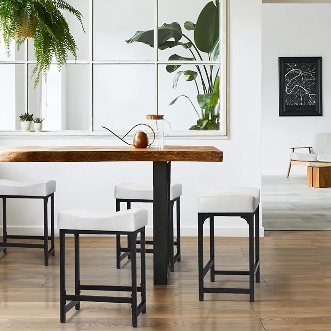 Off White Counter Height Bar Stools Set of 2, 24" White Bar Stools for Kitchen Counter with Saddle Cushion, Modern Backless Barstools Counter Stools Island Chair for Bar Kitchen