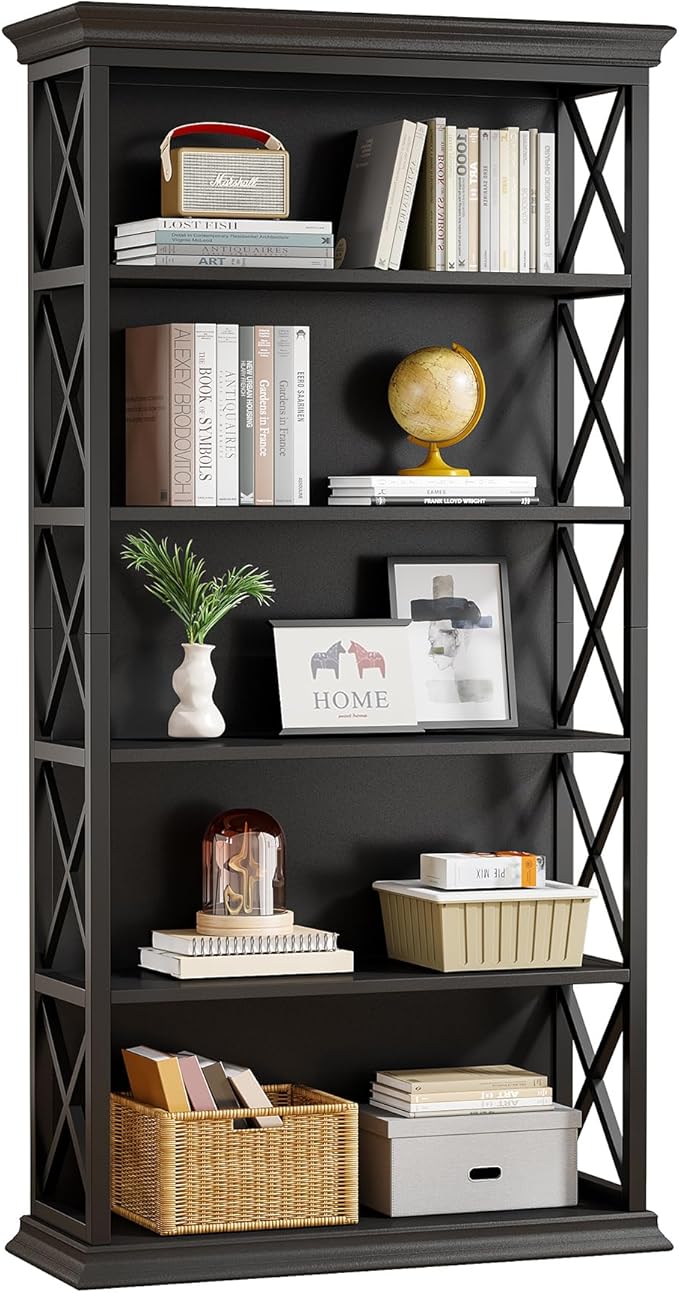 Tribesigns 6-Tier Bookcase, 71 Inches Industrial Bookshelves and Bookcases, Floor Standing 5 Shelf Display Storage Shelves Tall Bookcase for Home Office, Living Room, Bed Room, All Black