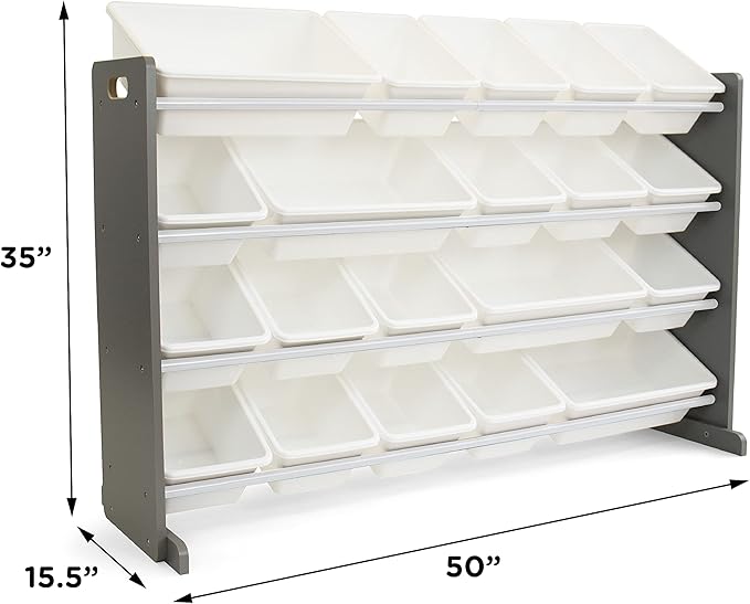 Humble Crew Extra-Large Toy Organizer with 20 Plastic Bins – Grey/White Storage Rack with 4-Tier Shelves, Anti-Tip Safety, for Kids’ Rooms, Playrooms, Nurseries & Classrooms