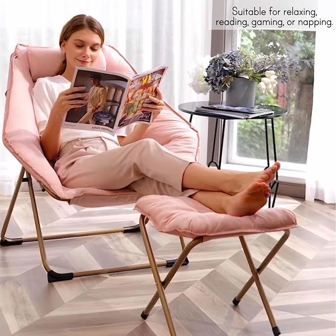 Hexagon Foldable Living Room Chair, Saucer Chair for Adults, Comfy Bedroom Lounge Chair, Moon Chair, Lazy Folding Chair for Dorm Rooms(Ottoman-Pink)