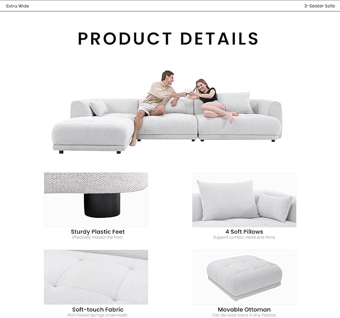 COLAMY 144" Modular Sectional Chenille Couch with Ottoman, Cloud Sectional Sofa Set with Ottoman,for Living Room(Beige)