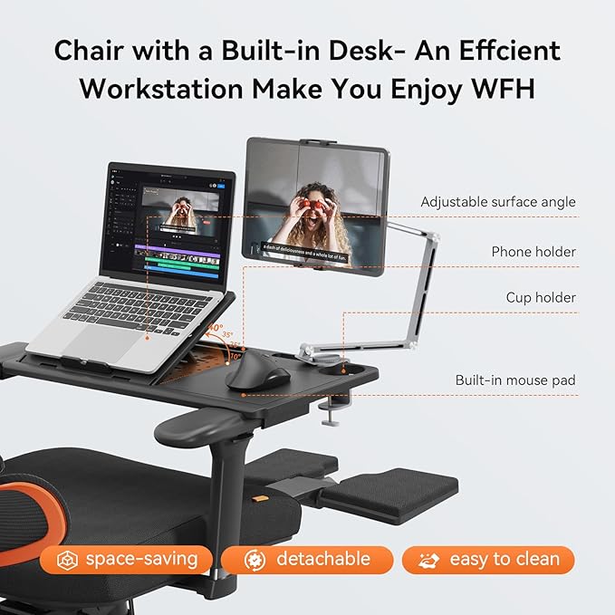 Newtral Office Chair Ergonomic - Home Office Desk Chair, Auto-Following Lumbar Support, 4D Armrest, Seat Depth and Height Adjustable for Long Time Sitting (with Footrest + Laptop Tray, Black)
