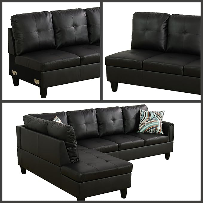 L Shaped Couch Sectional Couches with Chaise, 3 Pieces Modular Convertible Sofa for Living Room Furniture Sets and Small Apartment Faux Leather, Black
