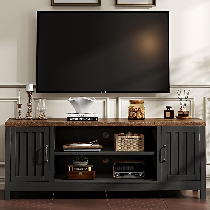 ChooChoo Farmhouse TV Stand for Televisions up to 65 inches, Entertainment Center Console Table Media Furniture with Storage Cabinets and Open Shelves, Fluted Door, for Living Room Bedroom, Black