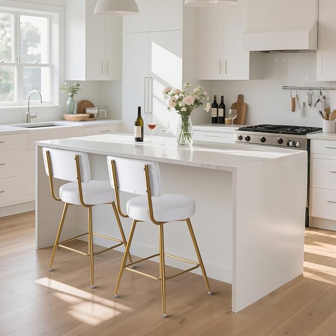 Gold White Bar Stools Set of 2, Modern Counter Height Bar Stools, 25" Upholstered Swivel Round Barstools with Back Bar Chair Island Stool for Kitchen Counter, White Gold