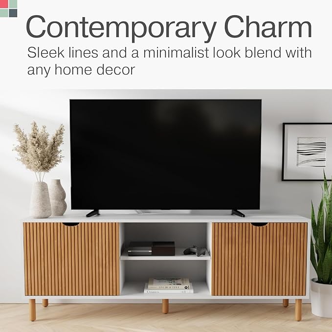 Fluted TV Stand & Entertainment Center - 70-Inch White & Oak - Supports 32-80-Inch TVs - Soft-Close Doors & Adjustable Shelves - Cord Management Media Console