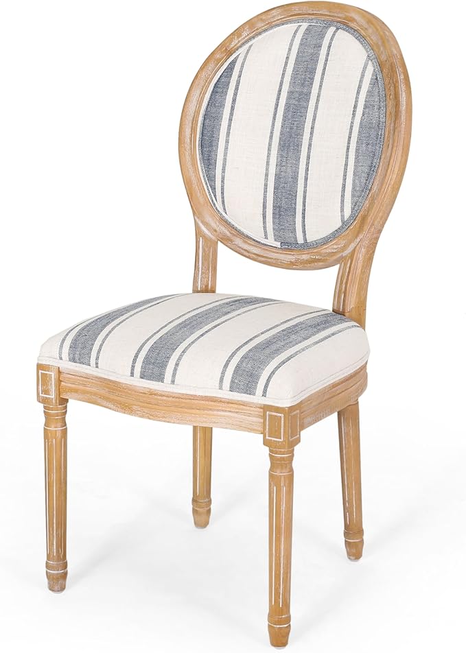 Christopher Knight Home Phinnaeus Dining Chair Set, Set of 4, Wood, Dark Blue Stripes + Light Beige + Natural