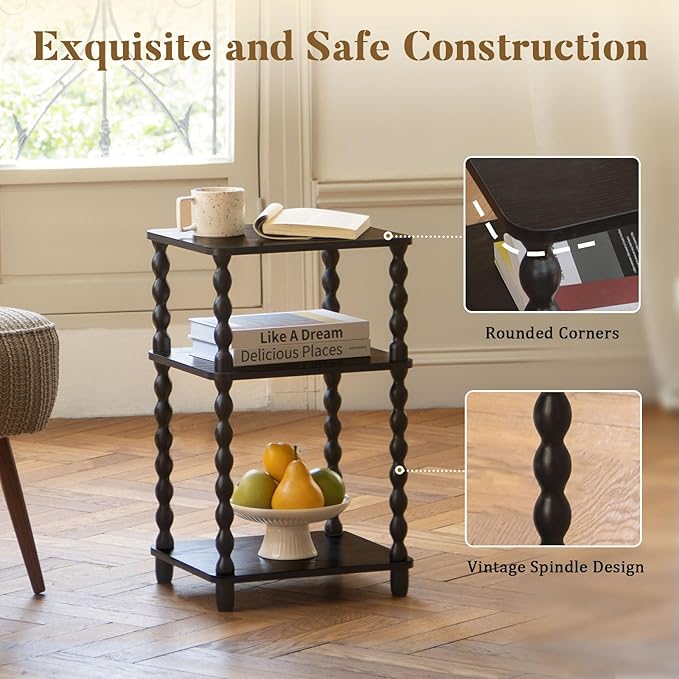 Side Table, Small End Table with Storage Shelf, Vintage Nightstand Bedside Table for Living Room, Bedroom, Office and Small Spaces (Black)